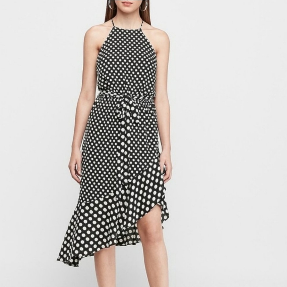 FINAL MARKDOWN- Express Polka Dot Dress Asymmetrical Ruffle Hem Sz XL